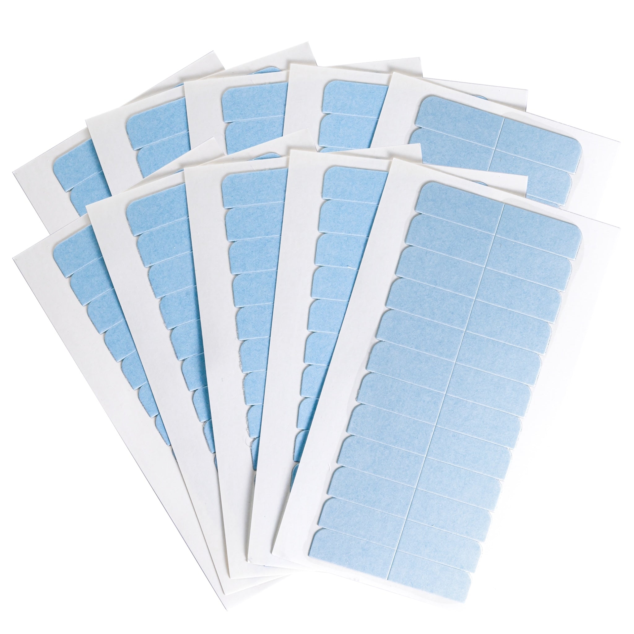 Ten sheets of Big Kizzy Classic Blue Double Sided Hair Extension Tape Tabs Fanned Out