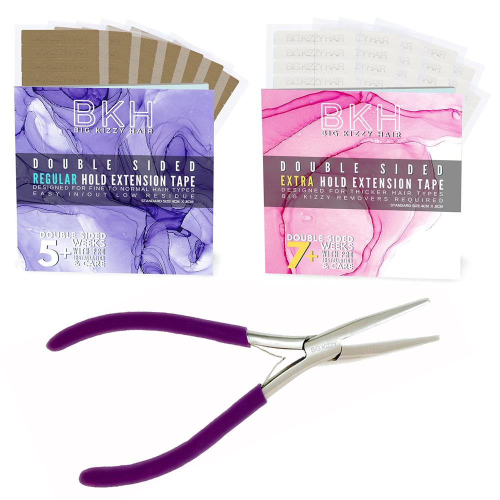One pack of Regular Hold Double Sided Hair Extension Tape Tabs and one Extra Hold Double Sided Hair Extension Tape Tabs and a Purple Color Hair Extension Sealing Plier Tool